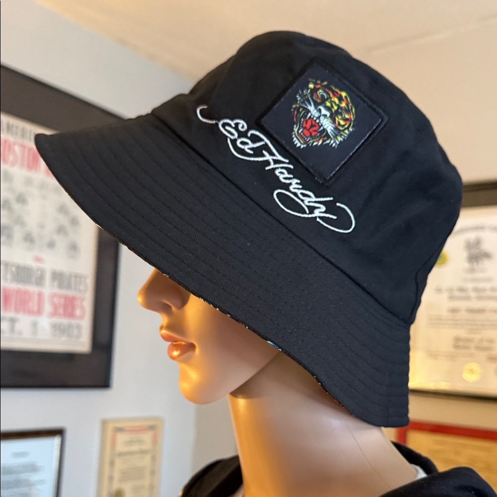 🔥 ED HARDY By Fashion Nova Black Bucket Hat with Tiger Embroidery. NEW